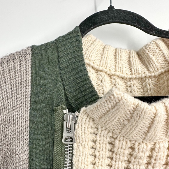 NEW Sacai 100% Wool Stripe Cable knit Oversized Zipper Sweater Cream Green - Picture 4 of 6